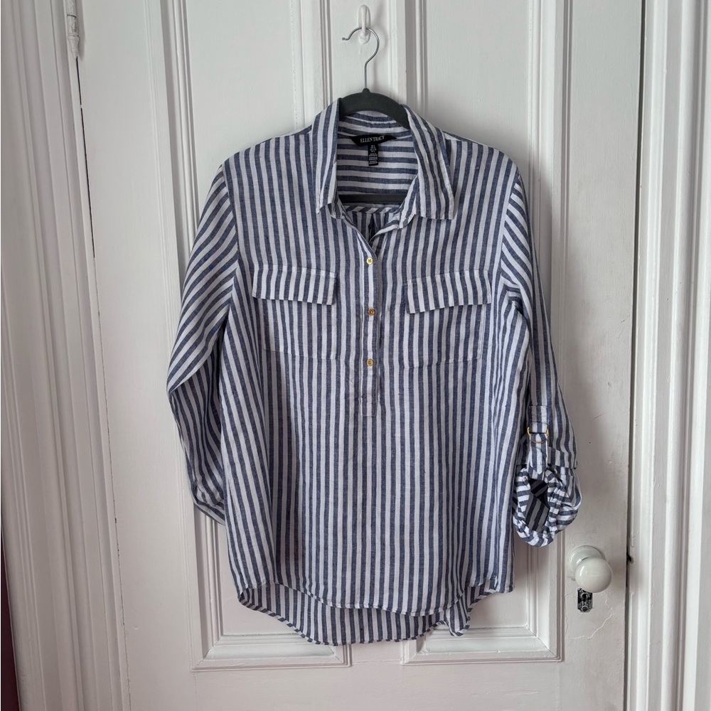 Women’s Ellen Tracy Striped 100% Linen Pop Over Shirt Roll Tab Sleeve Size Large